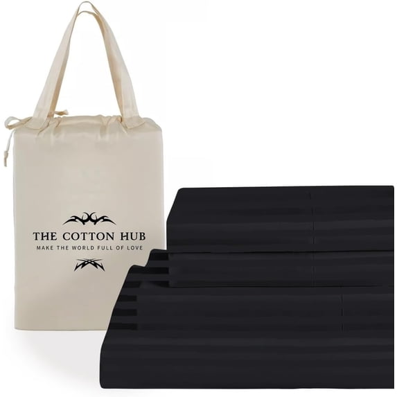 100% Pima Cotton California-King Size 4-PCs Sheet Set (Stripe, Black) Fits 10-12" Deep Pocket, 600 Series Sateen Weave