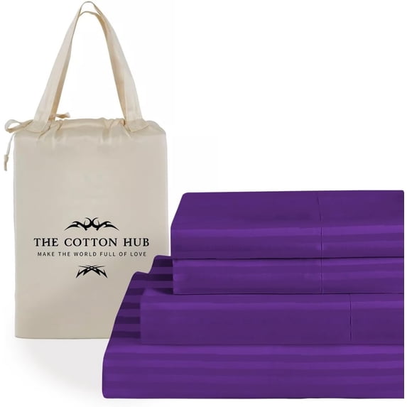 100% Pima Cotton California-Queen Size 4-PCs Sheet Set (Stripe, Purple) Fits 23-26†Deep Pocket, 600 Series Sateen Weave