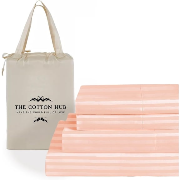 100% Pima Cotton Emperor/Wyoming King Size 4-PCs Sheet Set (Stripe, Peach) Fits 10-12” Deep Pocket, 600 Series Sateen Weave