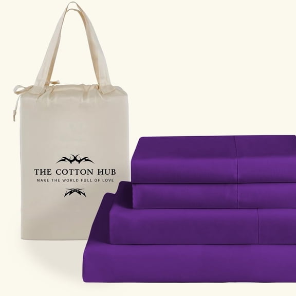 100% Pima Cotton Full Size 4-PCs Sheet Set (Solid, Purple) Fits 19-22” Deep Pocket, 600 Series Sateen Weave