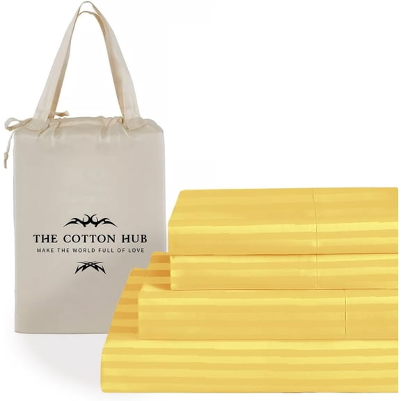 100% Pima Cotton Full Size 4-PCs Sheet Set (Stripe, Gold) Fits 7-9” Deep Pocket, 600 Series Sateen Weave