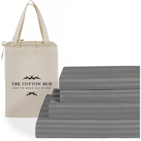 100% Pima Cotton RV-Short-Queen Size 4-PCs Sheet Set (Stripe, Dark Grey) Fits 14-18” Deep Pocket, 600 Series Sateen Weave