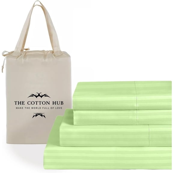 100% Pima Cotton RV-Short-Queen Size 4-PCs Sheet Set (Stripe, Sage Green) Fits 10-12” Deep Pocket, 600 Series Sateen Weave