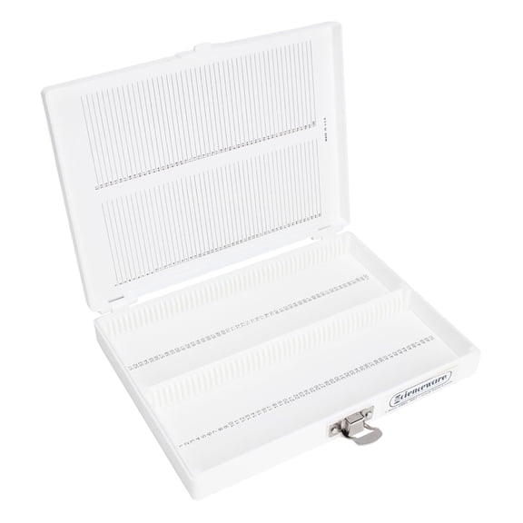 100 Place Microscope Slide Box, Hinged Lid, Number Index Content Sheet, White (8.5” Length x 6.5” Width x 1.3” Height)