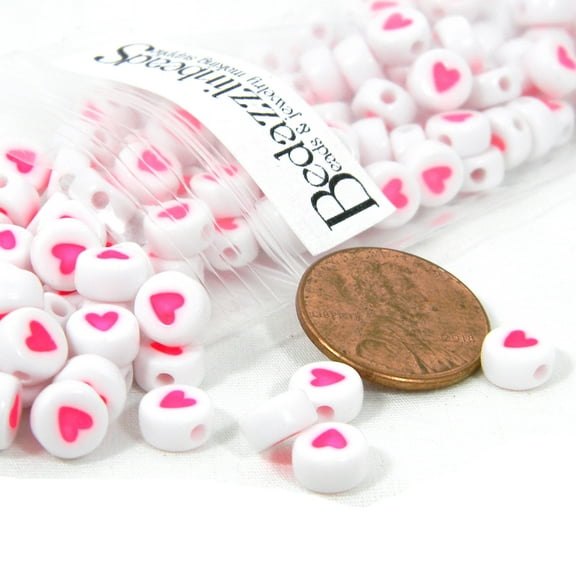 100 Plastic 7mm Round Flat 3.mm Thick Disc Acrylic Engraved Colored Heart Beads with Hole (bright pink)