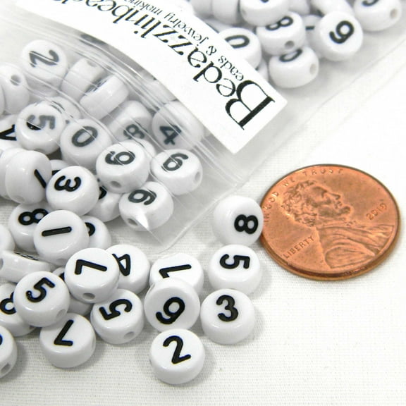 100 Plastic Acrylic 7mm Round 3.5 Thick Assorted Opaque Flat Number Coin Beads in a Mix of 0,1,2,3,4,5,6,7,8,9 Numbers