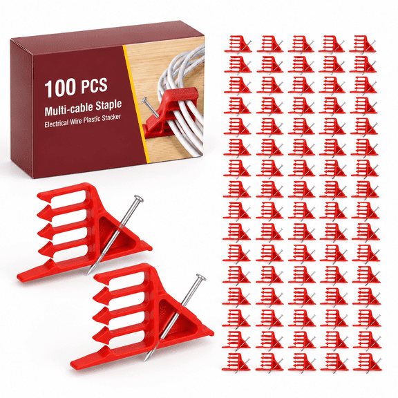 100 Plastic Cable Stacker Staples with Red Finish, Wire Management Clips