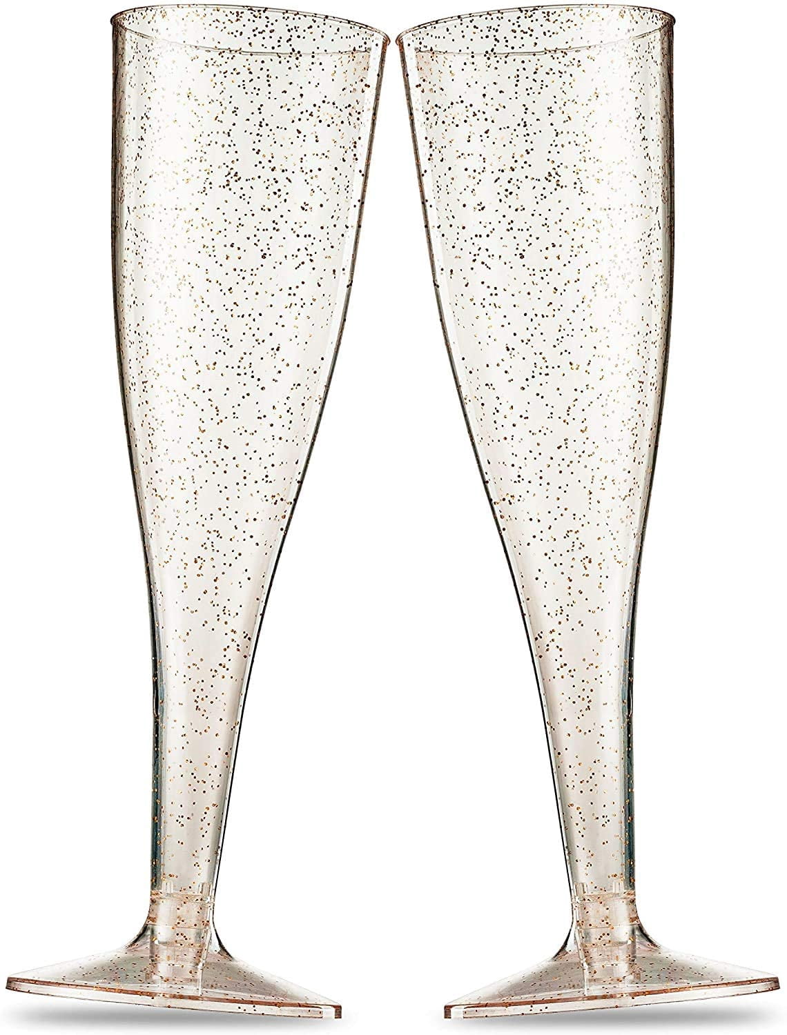 100 Plastic Champagne Flutes - 5 Oz Disposable Gold Glitter Champagne Glasses for Parties, Mimosa Bar, Events, Wedding and Shower Party Supplies - Toasting Cocktail Cups