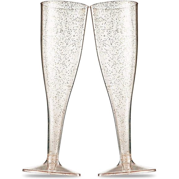 100 Plastic Champagne Flutes - 5 Oz Disposable Gold Glitter Champagne Glasses for Parties, Mimosa Bar, Events, Wedding and Shower Party Supplies - Toasting Cocktail Cups