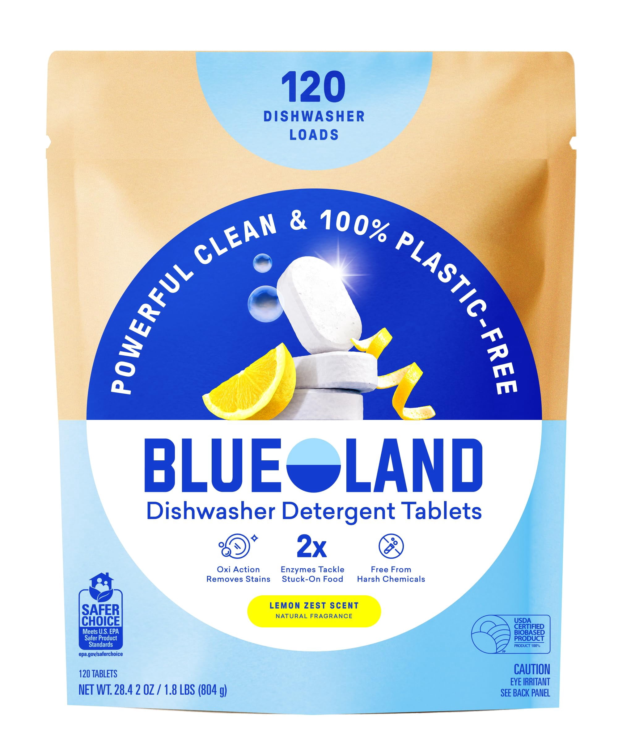 100% Plastic-Free Dishwasher Detergent Tablets, 120 Count, Free & Clear, Eco-Friendly Dishwashing Pods, Natural, USDA Certified biobased