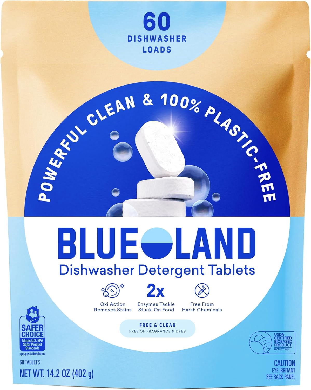 100% Plastic-Free Dishwasher Detergent Tablets, 60 Count, Free & Clear, Eco-Friendly Dishwashing Pods, Natural, USDA Certified biobased