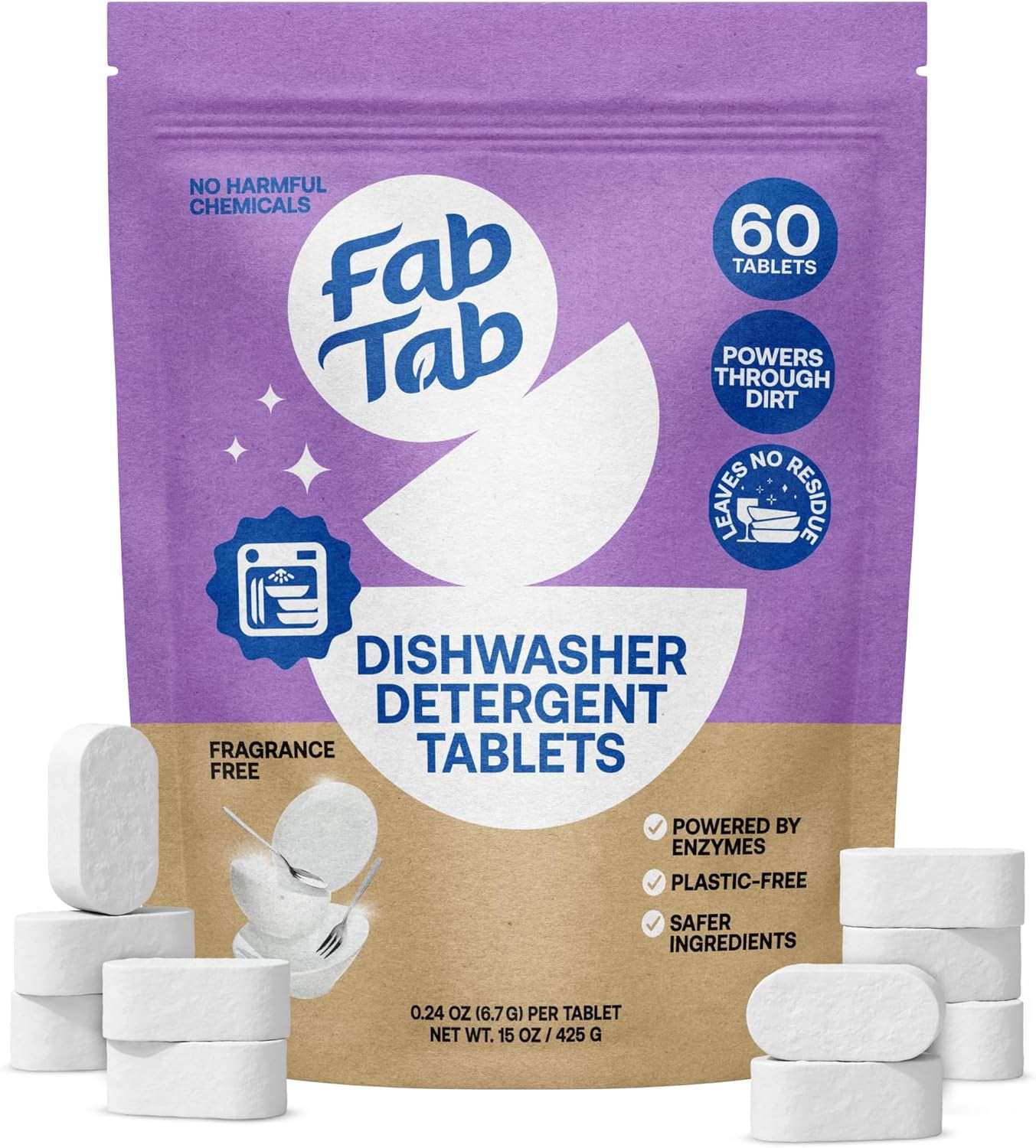 100% Plastic-Free Dishwasher Detergent Tablets, Clean Ingredients, Fragrance Free, No Residue, Powerful Enzyme-Based Dishwasher Pods, 60 Count.