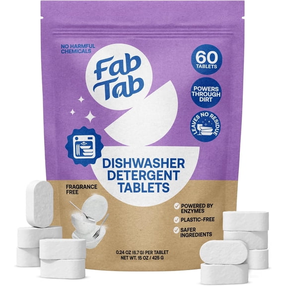 100% Plastic-Free Dishwasher Detergent Tablets, Clean Ingredients, Fragrance Free, No Residue, Powerful Enzyme-Based Dishwasher Pods, 60 Count.