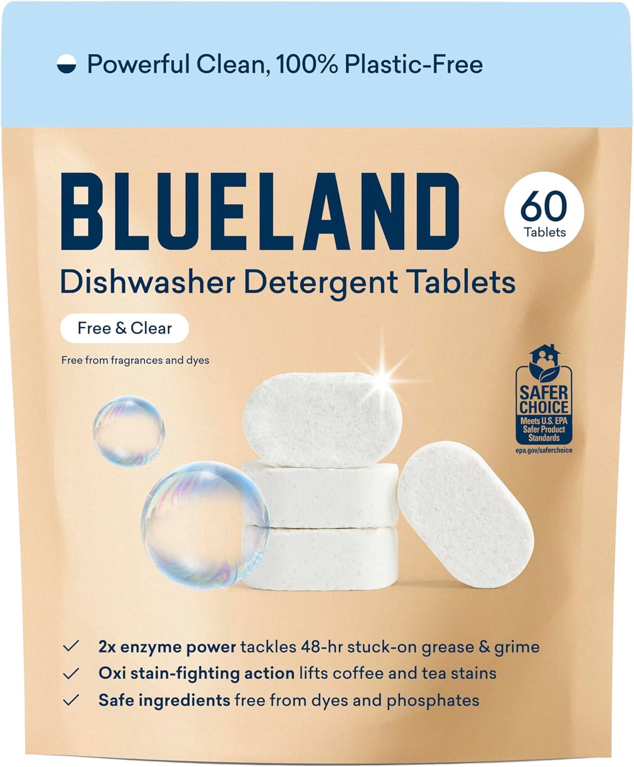 100% Plastic-Free Dishwasher Detergent Tablets, Free & Clear, Eco-Friendly Dishwashing Pods, Natural, USDA Certified biobased