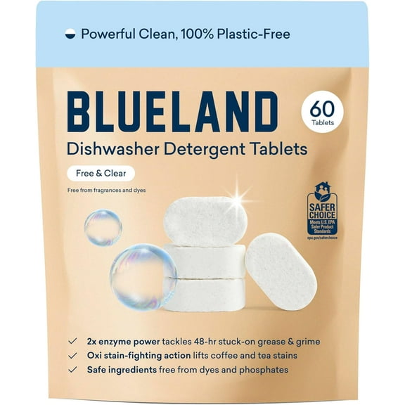 100% Plastic-Free Dishwasher Detergent Tablets, Free & Clear, Eco-Friendly Dishwashing Pods, Natural, USDA Certified biobased