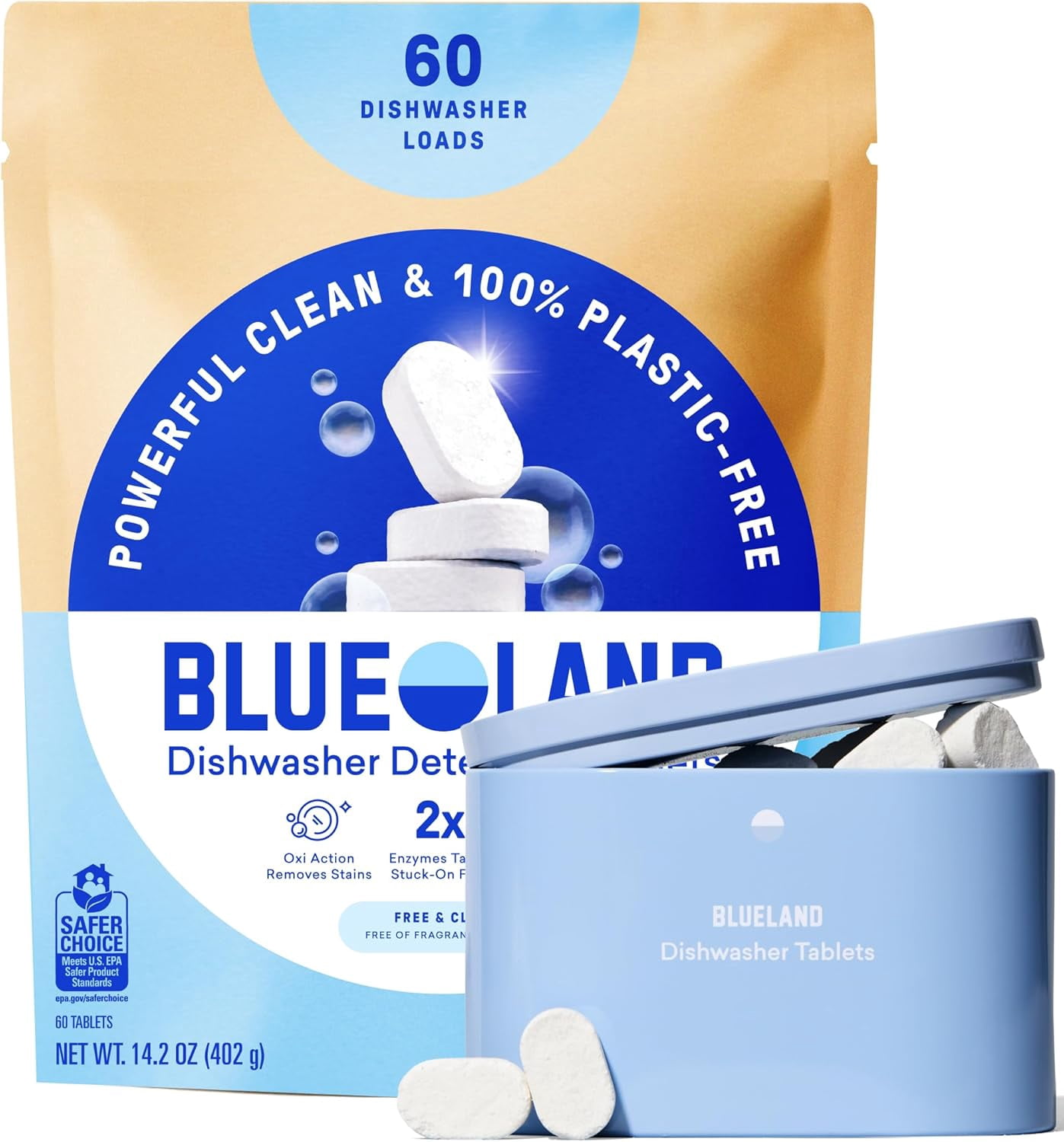 100% Plastic-Free Dishwasher Detergent Tablets, Starter Set, 60 Count with tin, Free & Clear, Eco-Friendly Dishwashing Pods, Natural, USDA Certified biobased