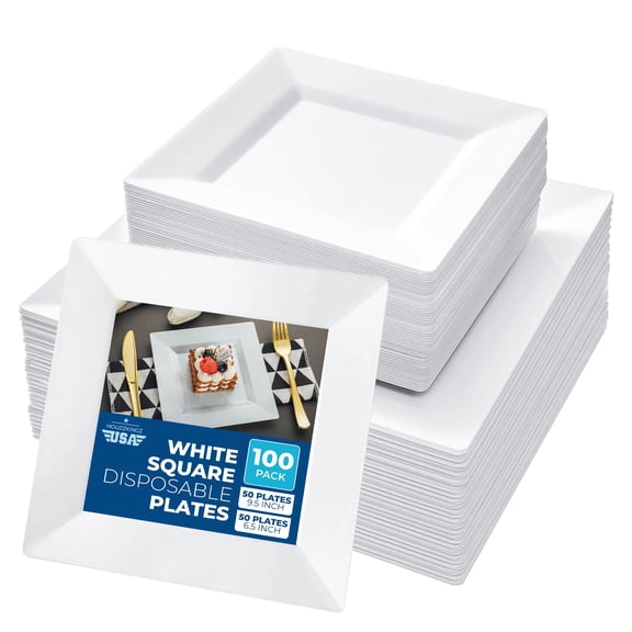 100 Plastic Square Plates for Party - 50 Dinner 50 Salad 6.5" White Heavy Duty Disposable Plates Set Reusable - Fancy Elegant Decorative Sturdy Premium Hard Nice Plate for Wedding Baby Shower A101