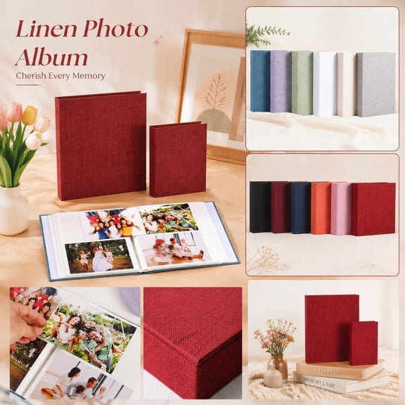 100-Pocket Linen Photo Album One-Grid Insert,Rustic Burlap Cover Memory Book,Family Wedding Travel Picture Holder for Anniversary Gift Coffee Table Archival Wine