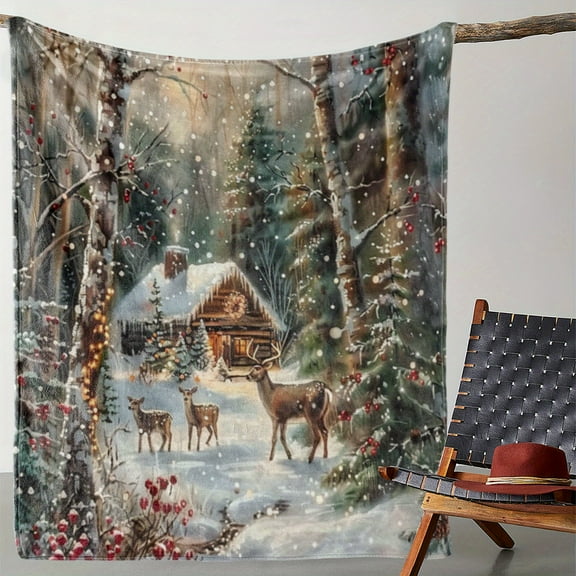 100% Polyester 59x78.7 inches Vintage Winter Snow Scene Flannel Throw Blanket, Soft Cozy Knitted Bedding with Digital Print, Reindeer & Log Cabin Design