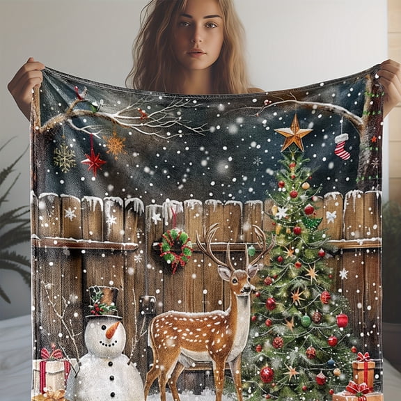 100% Polyester Cozy Soft Vintage Christmas Scene Flannel Throw Blanket - Warm Knitted Fleece with Snowman, Christmas Tree, and Deer Print, Ideal for All-Season Multipurpose Use