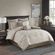 Madison Park King Size 8-Piece Comforter Set, Jacquard Bed in a Bag Set, Bedding Set with Sheets and Decor Pillows, Tan/