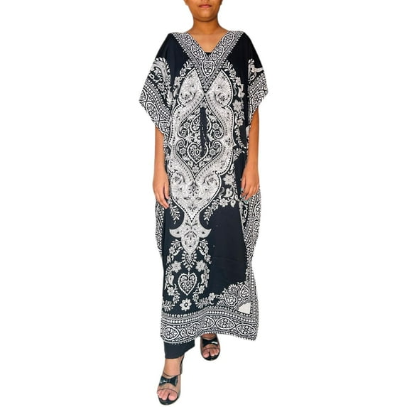 100% Polyester Long Kaftan Tunic Kimono Sleeve One Size Maxi Dress Black