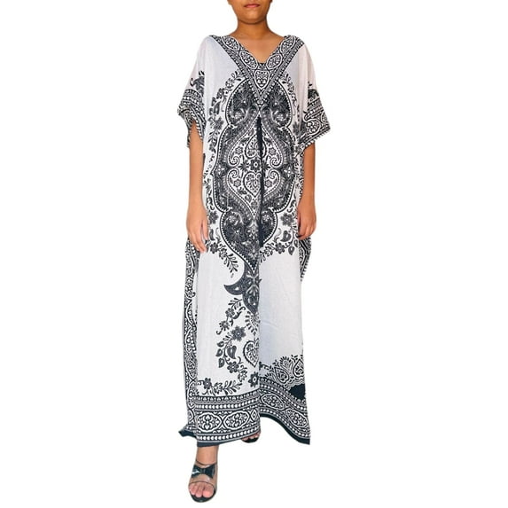 100% Polyester Long Kaftan Tunic Kimono Sleeve One Size Maxi Dress White