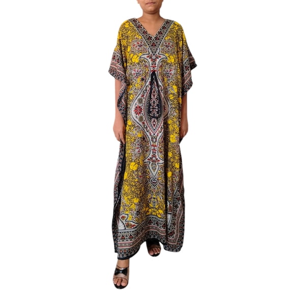 100% Polyester Long Kaftan Tunic Kimono Sleeve One Size Maxi Dress Yellow