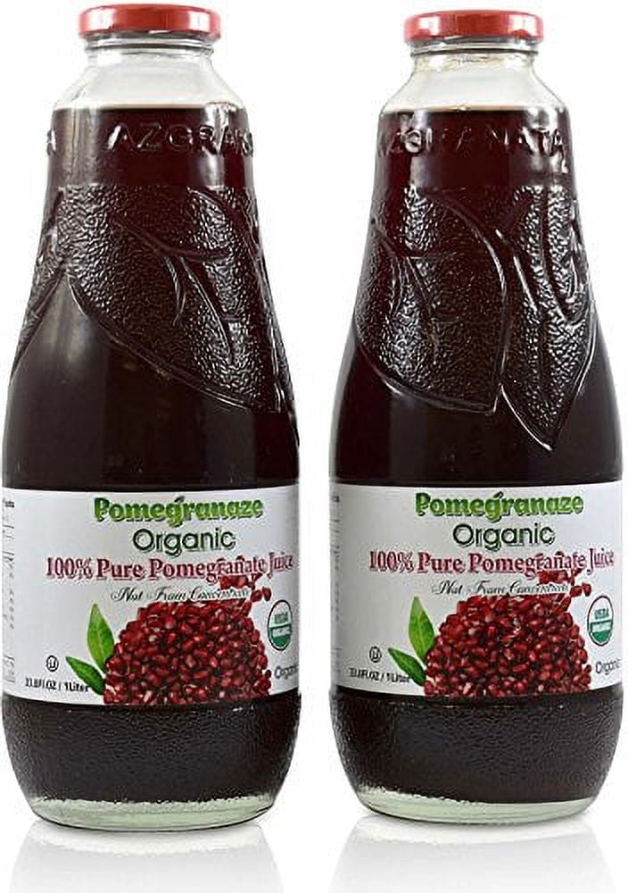 100% Pomegranate Juice - 2 Pack - 33.8 fl oz - USDA Organic Certified - Glass Bottle - No Sugar Added - No Preservatives - Squeezed From Fresh Pomegranates