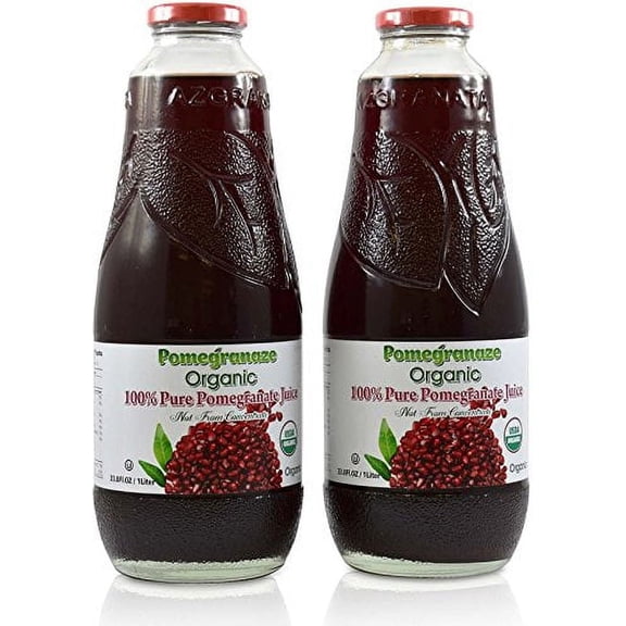 100% Pomegranate Juice - 2 Pack - 33.8 fl oz - USDA Organic Certified - Glass Bottle - No Sugar Added - No Preservatives - Squeezed From Fresh Pomegranates