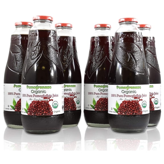 100% Pomegranate Juice - 6 Pack ,33.8Fl Oz - USDA Organic Certified - Glass Bottle - No Sugar Added - No Preservatives - Squeezed From Fresh Pomegranates