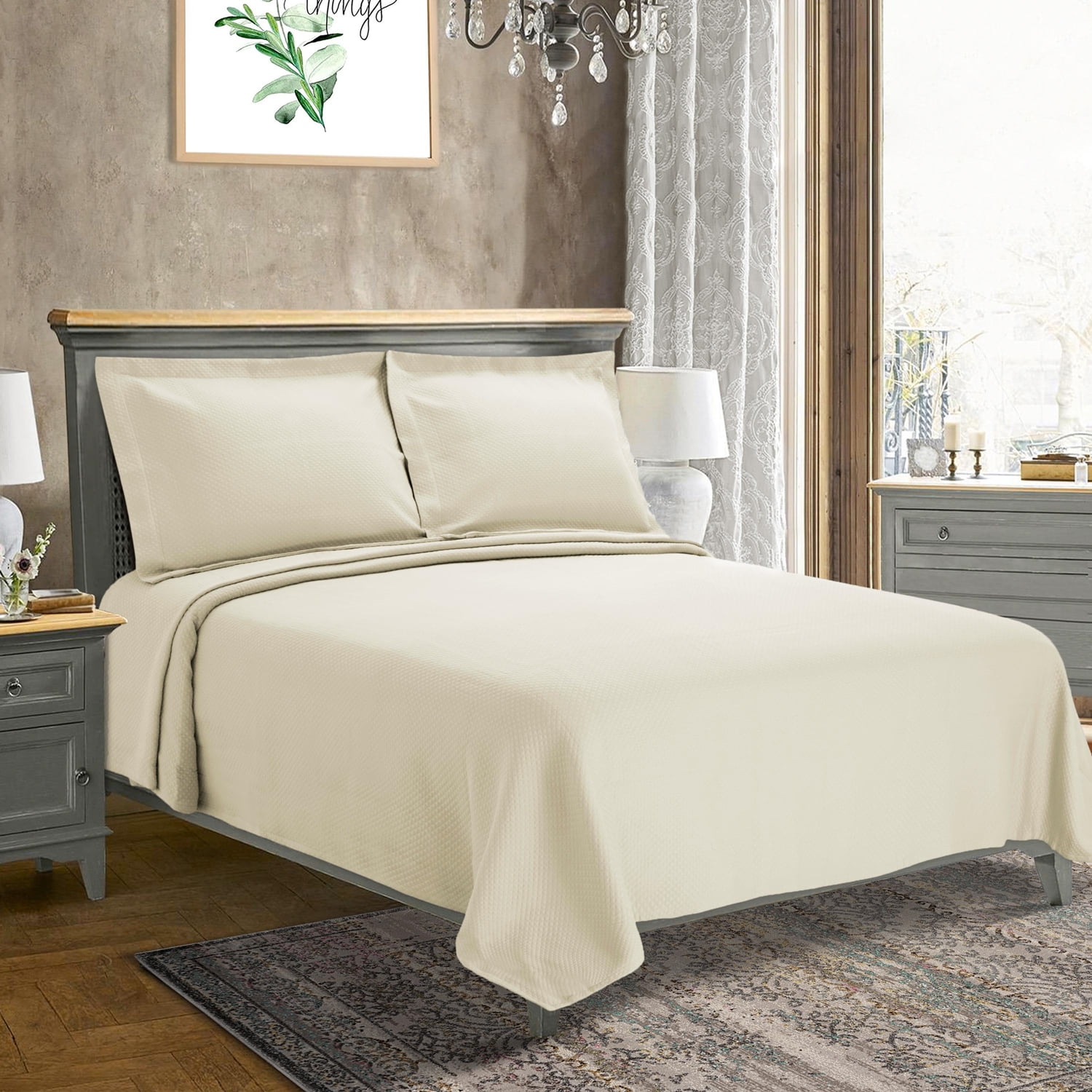 100% Premium Cotton Solitaire Jacquard Matelasse Bedspread, King, Ivory