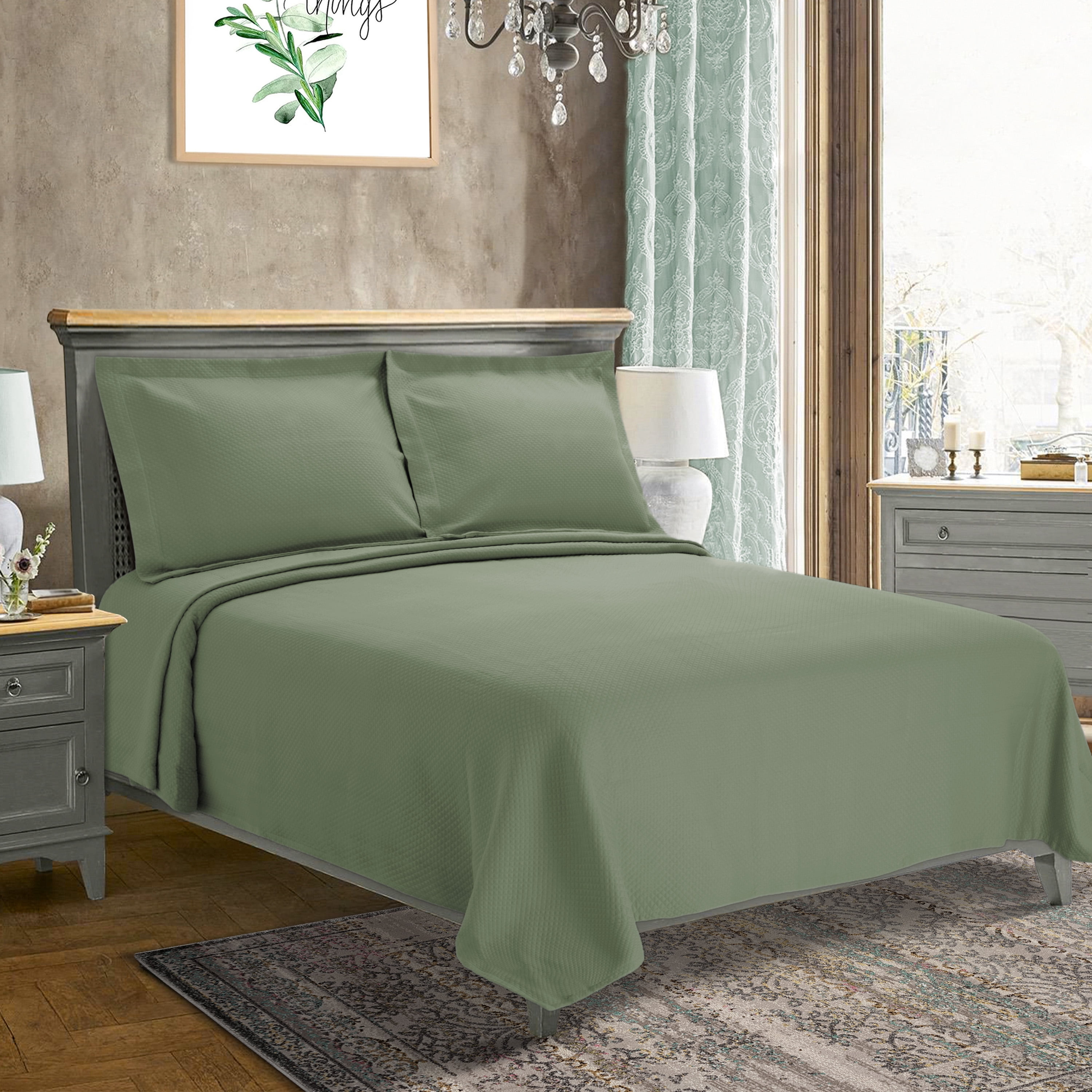 Sage Green Cotton King Bedspread and Pillow Sham Set