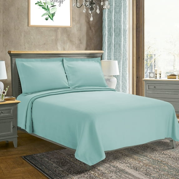 100% Premium Cotton Solitaire Jacquard Matelasse Bedspread, Queen, Aqua