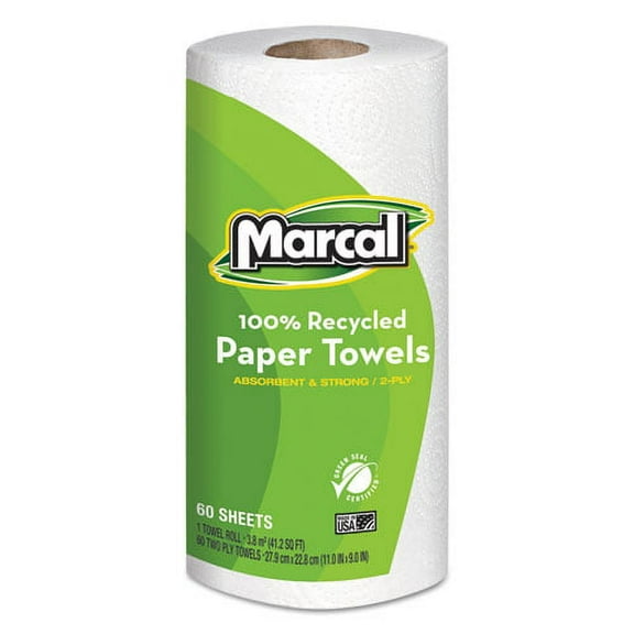 100% Premium Recycled Kitchen Roll Towels, 2-Ply, 11 x 9, White, 60 Sheets, 15 Rolls/Carton | Bundle of 2