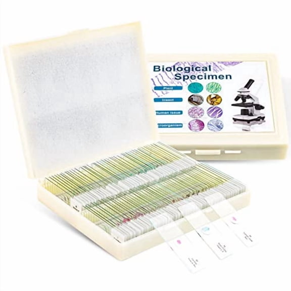 100 Prepared Microscope Slides with Specimens for Kids Adults - Bacterium, Fungus, Human Tissues, Mitosis, Plants, Insects, Animals Cells Samples for Biological Science Lab, School Students$$Other