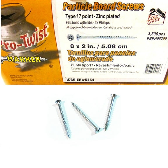 100 Pro-Twist 8X2" Particle Board Screws with Nibs - #2 Phillips Flat Head