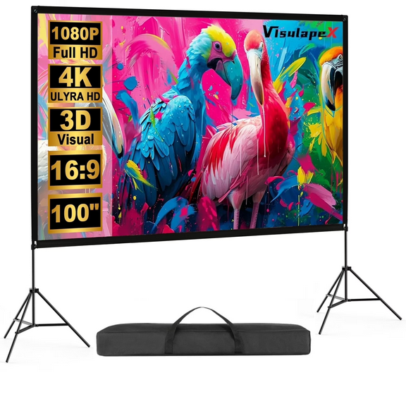 Outdoor Projector Screen with Stand, 100 inch 4K HD 16:9 Portable Movie Screen Wrinkle-Free Projection Screen with Carry Bag for Home Theater Movies Night