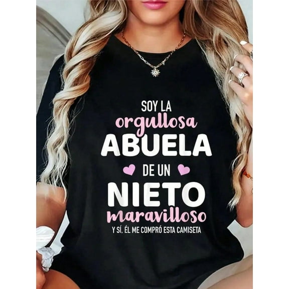 100% Proud Grandma T-Shirt - Soft & Comfortable Casual Round Neck With Fun Holiday Design, Perfect For Christmas Attire, Black With Pink Lettering Abuela And Hearts