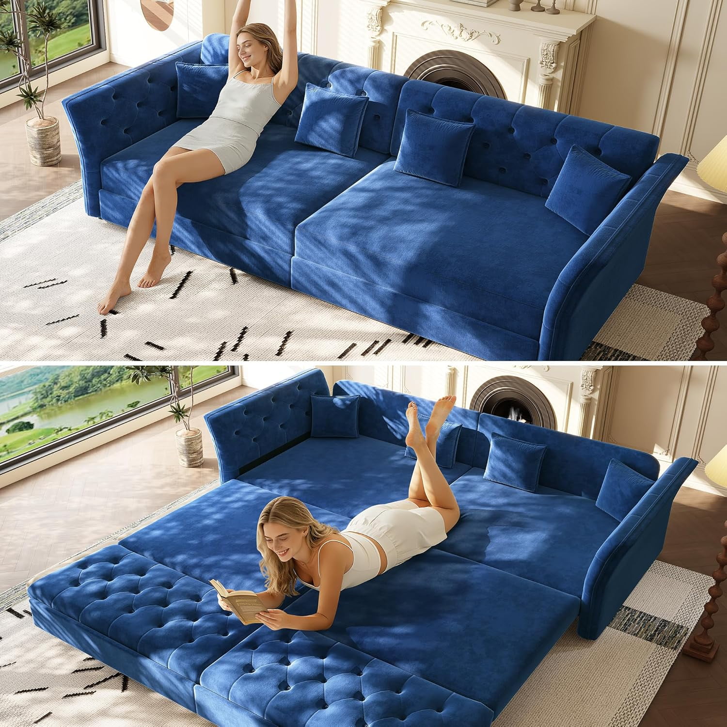 100'' Pull Out Couch King Size, Velvet Sleeper Sofa with Flower-Tuffed Back, Chesterfield Convertible Futon Sofa Bed, 4 Pillows, 4-Seater Deep Couches for Living Room, Small Spaces, Blue