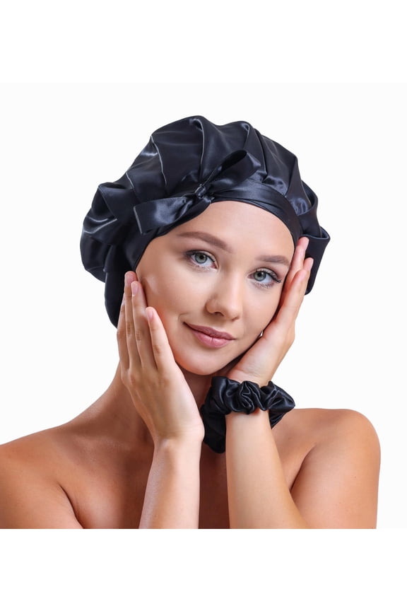 100% Pure 22 Momme Mulberry Silk Hair Bonnet -Silk Cap for Sleeping with Adjustable Ribbons - 1 Layer Silk Hair Bonnet for Sleeping (One Layer, Black)