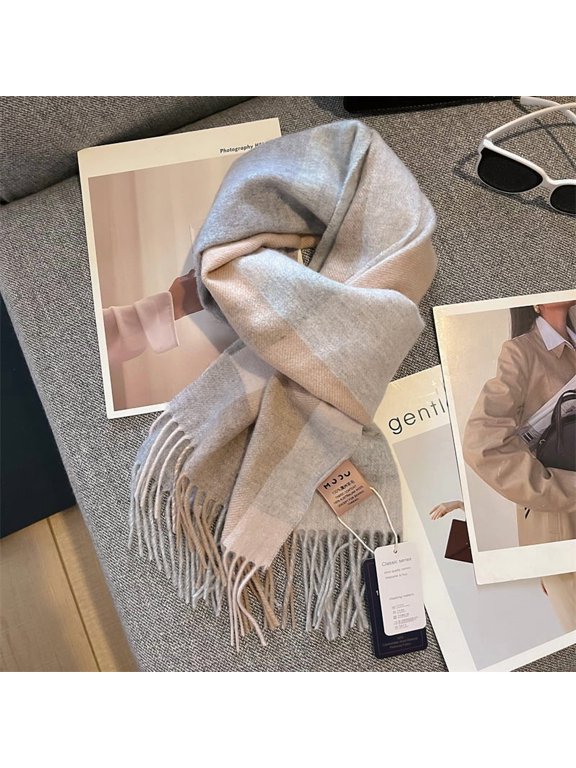 100% Pure Australian Wool Scarf, Soft Warm Plaid Winter Neck Wrap Unisex,180*30cm,7
