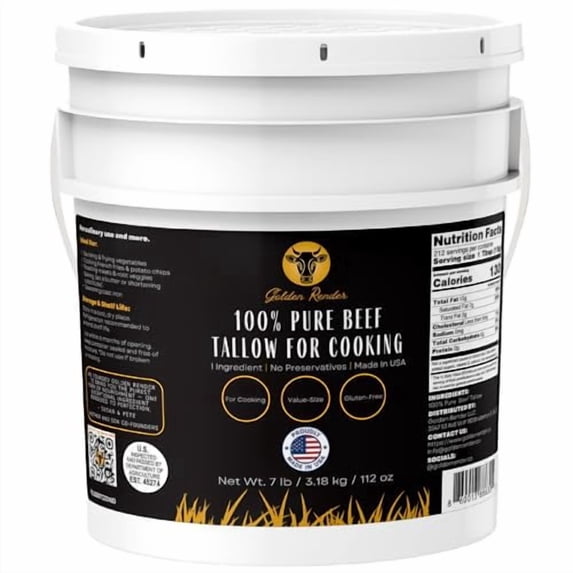 100% Pure Beef Tallow for Cooking & Deep Frying - 7lb Bulk Size - Food Grade Non-GMO | Nose to Tail | Made in USA | Gluten-Free | Great For Roasting, Baking, Cast Iron Seasoning, Candles, & Soap