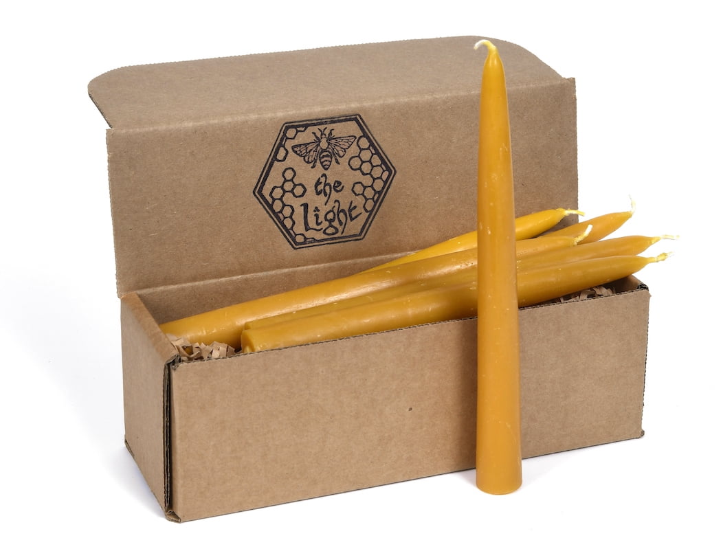100% Pure Beeswax Taper Candles with Dipped Look - 10 Hours Each, 12 Pack, 120 Hours - USA Bees Wax - Handmade - Unscented - All Natural Light Honey Scent
