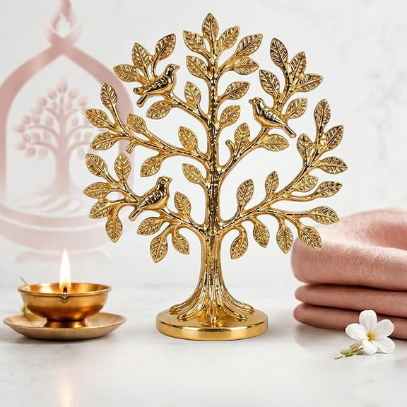 100% Pure Brass Kalpavriksha Tree with Birds | House Warming Gifts | Brass Decoration Items for Home | (6 Inch) Tree of Life Showpiece with Vastu Guide for Home, Office & Puja Dcor