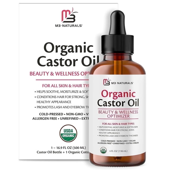 M3 100% Castor Oil Cold Pressed, Hexane-Free, Virgin, Non-GMO, Allergen-Free – Nourishes Skin, Lashes, and Hair, 4 oz.