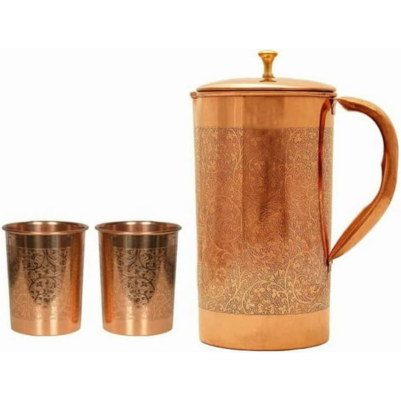 100% Pure Copper Embossed Design 1500 ML Jug Pitcher & Embossed 250ml 2 Tumbler Set
