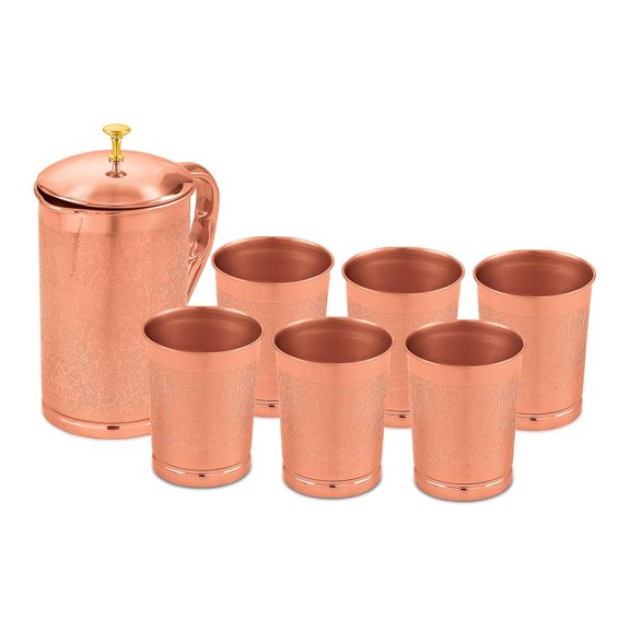 100% Pure Copper Embossed Design 2 Liter Jug & Embossed 250ml 6 Tumbler Glass Set