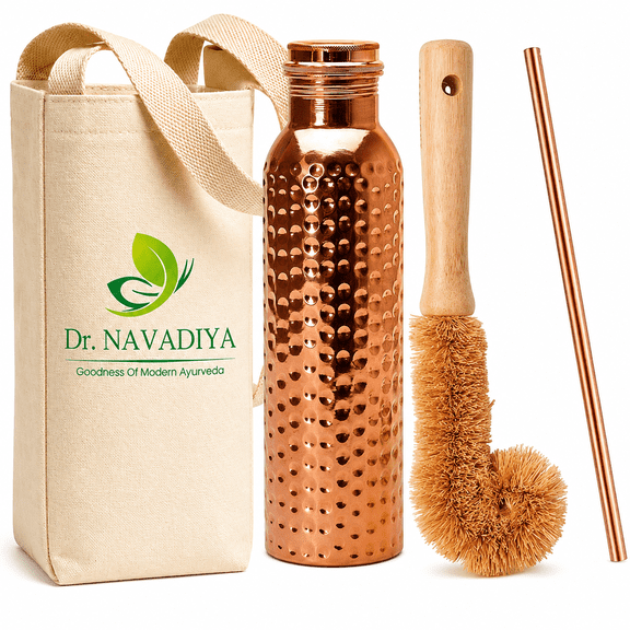 100% Pure Copper Water Bottle for Drinking, 34 oz Hammered Ayurvedic Copper Bottle for Drinking Water | Leak-Proof & Eco-Friendly | for Yoga, Office, Travel with Canvas Carry Bag, Straw & Brush