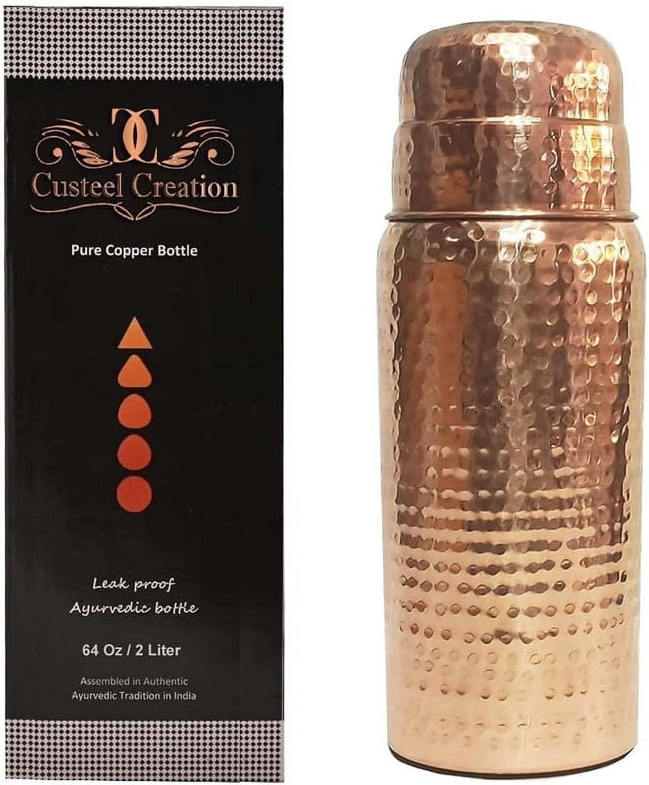 100% Pure Copper Water Bottle Handcrafted | 64 Oz 2 Litter Extra Large Copper Water Vessel - Drink More Water Bottle – Large -Leak Proof (Hammered)